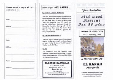 An information brochure regarding an event that was scheduled to take place in February 2009 at El Kanah in Marysville.