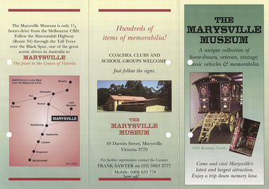 Shows a brochure for The Marysville Museum in Marysville in Victoria. Shows the a few of the vehicles and attractions that can be seen at the Museum. Also shows the address, telephone numbers, and a map with directions from Melbourne to Marysville.