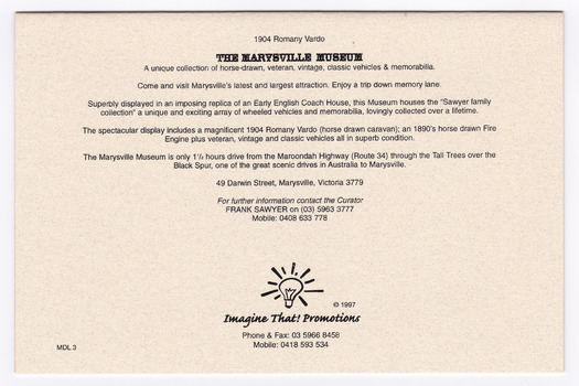 Shows information on what can be seen at The Marysville Museum in Marysville in Victoria. Shows the address and telephone numbers for information.