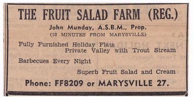 A newspaper advertisement regarding the Fruit Salad Farm in Marysville.