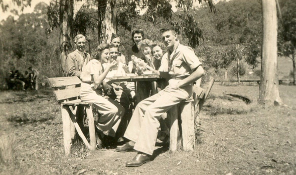 A digital copy of a black and white photograph taken at the Fruit Salad Farm in Marysville.