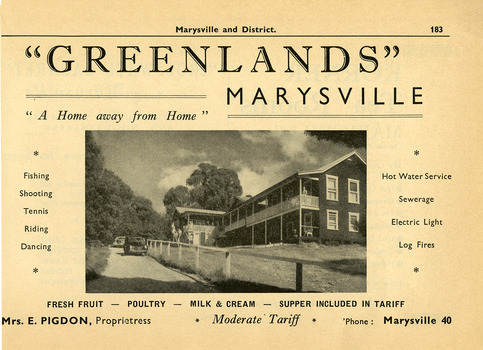 An advertisement for Greenlands guest house in Marysville taken from a Broadbent's accommodation guide.