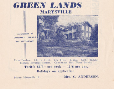 An advertisement for Green Lands guest house in Marysville.