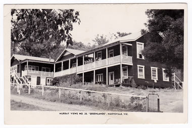 A black and white photograph of Greenlands guest house in Marysville that was produced by Murray Views as a souvenir of Marysville.