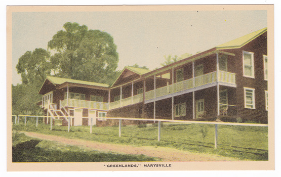 A colour postcard of Greenland guest house in Marysville that was produced by Nucolorvue Productions as a souvenir of Marysville.