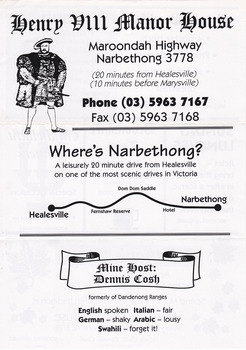 An advertising flyer for the Henry VIII Manor House in Narbethong.