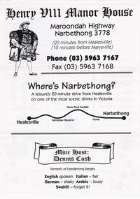 An advertising flyer for the Henry VIII Manor House in Narbethong.