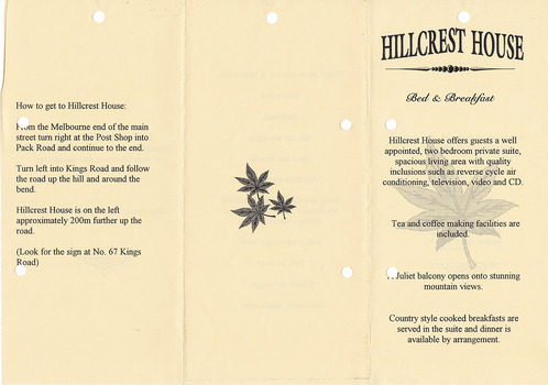 An advertising brochure for Hillcrest House Bed & Breakfast in Marysville.