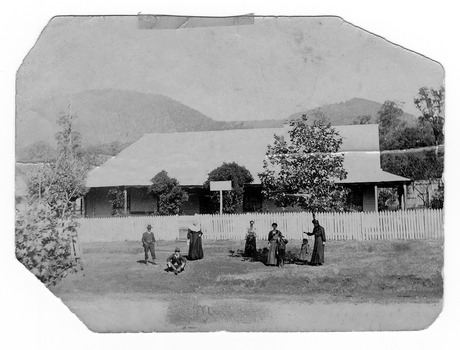 A copy of a black and white photograph of the Junction Hotel in Marysville taken in December, 1899.