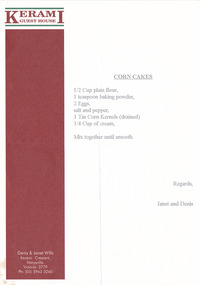 A recipe for corn cakes which was typed onto a sheet of Kerami Guest House stationary. Kerami Guest House was situated in Marysville.
