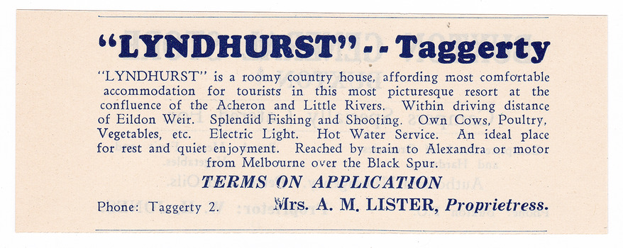 A digital copy of a newspaper advertisement for "Lyndhurst" near Taggerty.