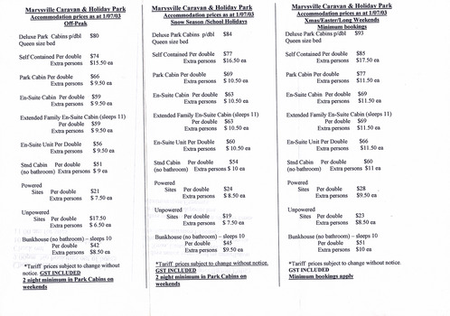 A list of accommodation prices as at July 1st, 2003 for the various facilities at the Marysville Caravan and Holiday Park.