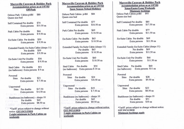 A list of accommodation prices as at July 1st, 2003 for the various facilities at the Marysville Caravan and Holiday Park.