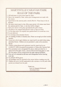 Document (Item) - List of rules, Larry and Margaret Richmond, MARYSVILLE CARAVAN PARK-RULE OF THE PARK, Unknown