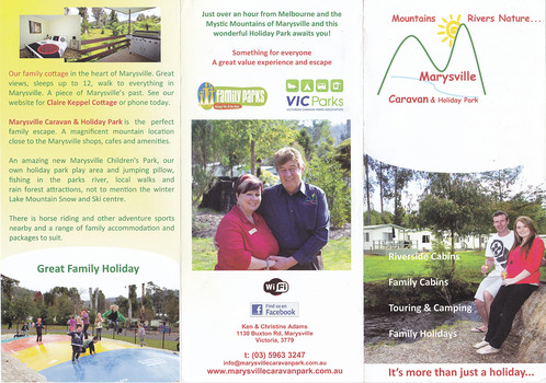 An information brochure regarding the accommodation and facilities available at the Marysville Caravan and Holiday Park.