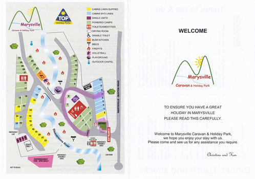 A welcome flyer for guests staying at the Marysville Caravan and Holiday Park that lists places to eat and local attractions to visit. Also shows a map of the caravan park.