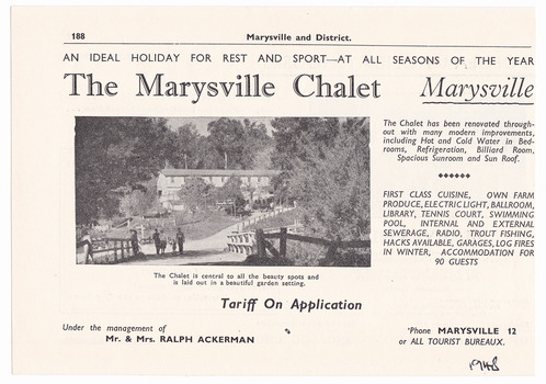 An advertisement for The Marysville Chalet guest house in Marysville taken from a Broadbent's accommodation guide.