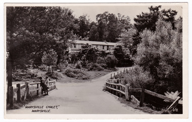 A black and white postcard of Marysville Chalet that was produced by the Valentine Publishing Co Pty. Ltd. as a souvenir of Marysville.