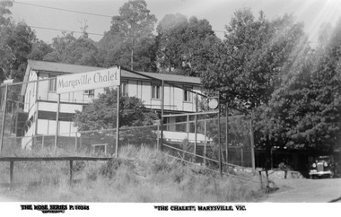 A digital copy of a black and white postcard of The Chalet in Marysville that was produced by the Rose Stereograph Company as a souvenir of Marysville.