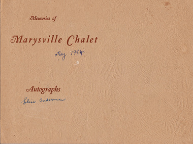 An autograph folder from the Marysville Chalet that belonged to Elsie Ackerman, once a proprietress of the Chalet. The autographs in the folder are from May 1954.