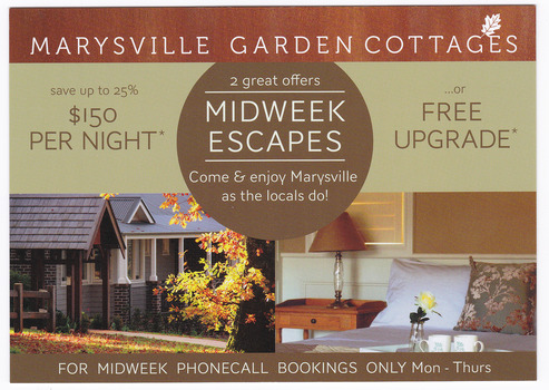 A voucher for accommodation specials at Marysville Garden Cottages.