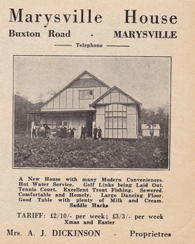 A digital copy of an advertisement for Marysville House near Marysville. Marysville House was built in the late 1920s by Arthur Dickinson.