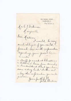 A digital copy of a hand written letter to Mrs A.J. Dickinson requesting information regarding accommodation at Marysville House. Marysville House was built in the late 1920s by Arthur Dickinson.