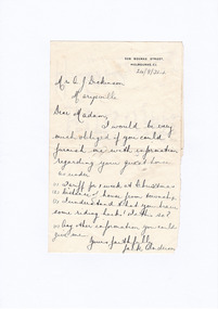 A digital copy of a hand written letter to Mrs A.J. Dickinson requesting information regarding accommodation at Marysville House. Marysville House was built in the late 1920s by Arthur Dickinson.