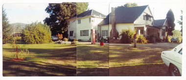 A digital copy of a colour panoramic photograph of Marysville House. Marysville House was built in the late 1920s by Arthur Dickinson.