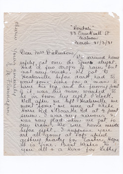 A digital copy of a letter that was sent to Mrs Dickinson of Marysville House from a guest that had been staying at Marysville House.