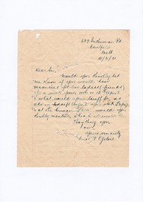 A digital copy of a letter requesting information regarding dates and the cost for accommodation at Marysville House. Marysville House was built in the late 1920s by Arthur Dickinson.