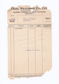 A digital copy of an invoice from Craig, Williamson Pty. Ltd. to Mrs A.J. Dickinson of Marysville House requesting payment for goods received in August 1934. Marysville House was built by Arthur Dickinson in the late 1920s.