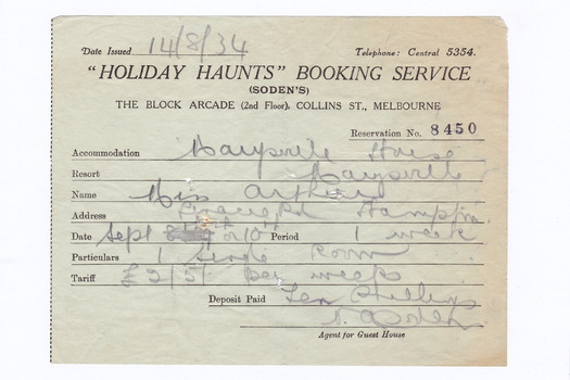 A digital copy of a receipt for a deposit paid for accommodation at Marysville House. The deposit was taken by Holiday Haunts Booking Service in Melbourne. Marysville House was built in the late 1920s by Arthur Dickinson.