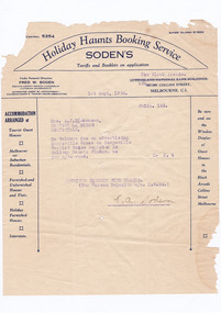 A digital copy of a receipt for payment of an account to Holiday Haunts Booking Service from Mrs A.J. Dickinson from Marysville House. Marysville House was built in the late 1920s by Arthur Dickinson.