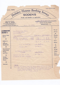 A digital copy of an account from Holiday Haunts Booking Service to A.J. Dickinson, Esq. for deposits received in regard to accommodation bookings at Marysville House. Marysville House was built in the late 1920s by Arthur Dickinson.