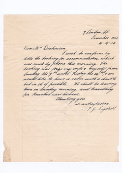 A digital copy of a letter to Mrs Dickinson confirming a booking for accommodation at Marysville House. Marysville House was built in the late 1920s by Arthur Dickinson.