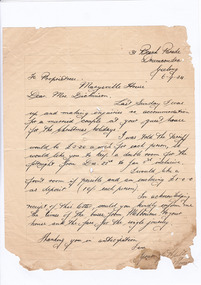 A digital copy of a letter to Mrs Dickinson requesting a booking be made for accommodation at Marysville House for two weeks over Christmas in 1934. Marysville House was built in the late 1920s by Arthur Dickinson.