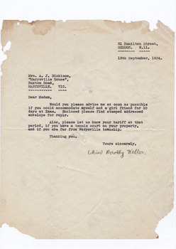 A digital copy of a letter to Mrs Dickinson requesting the availability of accommodation at Marysville House over Christmas in 1934. Marysville House was built in the late 1920s by Arthur Dickinson.