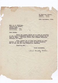 A digital copy of a letter to Mrs Dickinson requesting the availability of accommodation at Marysville House over Christmas in 1934. Marysville House was built in the late 1920s by Arthur Dickinson.