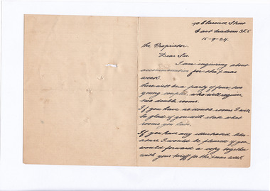 A digital copy of a letter questioning availability of accommodation over Christmas 1934 at Marysville House. Marysville House was built in the late 1920s by Arthur Dickinson.