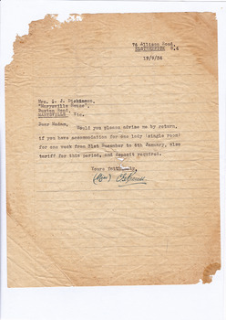 A digital copy of a letter requesting information regarding dates and the cost for accommodation at Marysville House. Marysville House was built in the late 1920s by Arthur Dickinson.