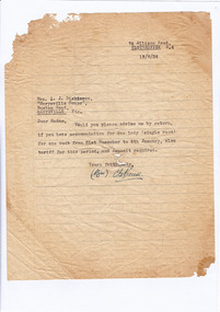 A digital copy of a letter requesting information regarding dates and the cost for accommodation at Marysville House. Marysville House was built in the late 1920s by Arthur Dickinson.