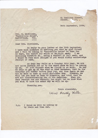 A digital copy of a typed letter confirming dates for a stay at Marysville House in December 1934. Marysville House was built in the late 1920s by Arthur Dickinson.