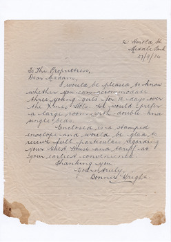 A digital copy of a letter requesting the availability of accommodation at Marysville House over Christmas of 1934. Marysville House was built in the late 1920s by Arthur Dickinson.