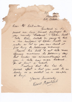 A digital copy of a hand written letter to Mrs Dickinson of Marysville House advising on and enclosing medication to be taken for an unknown condition. Marysville House was built in the late 1920s by Arthur Dickinson.