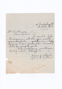 A digital copy of a hand written letter enquiring on the availability of accommodation at Marysville House during the fortnight over Christmas in 1934. Marysville House was built in the late 1920s by Arthur Dickinson.