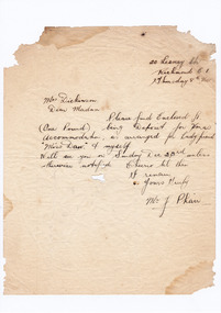 A digital copy of a hand written letter enclosing a deposit for accommodation at Marysville House over the Christmas period in 1934. Marysville House was built in the late 1920s by Arthur Dickinson.