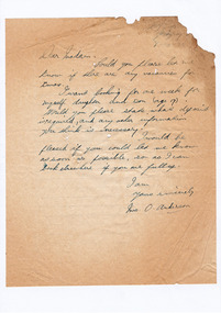 A digital copy of a hand written letter enquiring on the availability of accommodation at Marysville House during Christmas in 1934. Marysville House was built in the late 1920s by Arthur Dickinson.