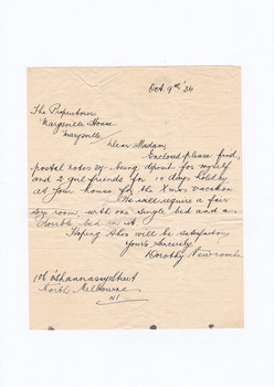 A digital copy of a hand written letter enclosing postal notes as a deposit for accommodation at Marysville House over the Christmas period in 1934. Marysville House was built in the late 1920s by Arthur Dickinson.