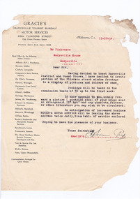 A digital copy of a typed letter to Marysville House advising of an opportunity to advertise Marysville House and other guest houses at the premises of Gracie's (Marysville Tourist Bureau) Motor Services in Melbourne. Marysville House was built in the late 1920s by Arthur Dickinson.